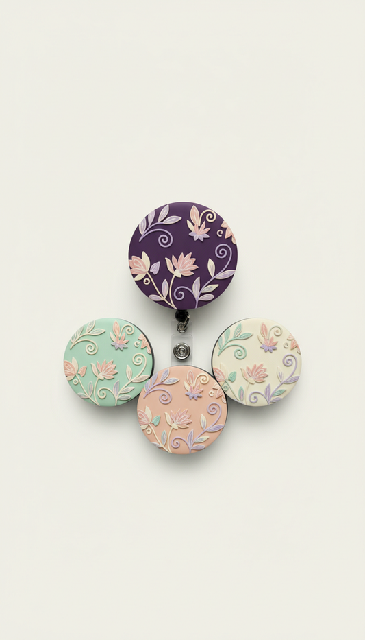 Violet Stem Badge Reel With Botanical Motif